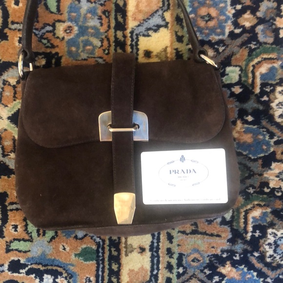 Prada brown suede shoulder bag with Prada cards